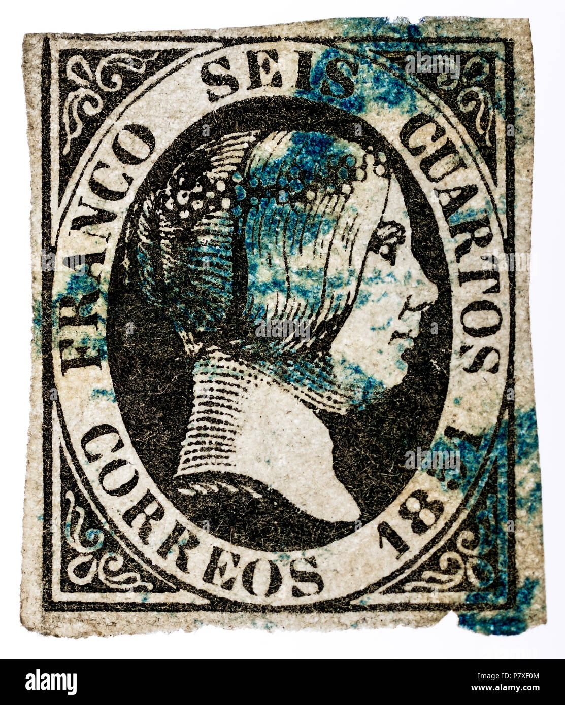 1851 La Reine Isabelle II d'espagnol avec timbre rare cachet bleu annuler.. Banque D'Images