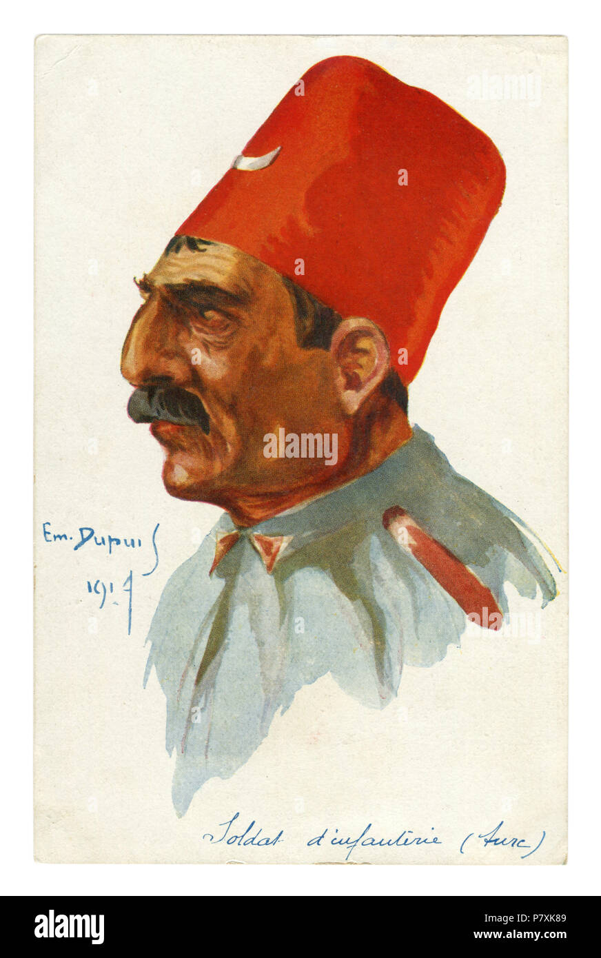 Carte postale historique français : portrait d'un soldat turc. Un homme avec une moustache dans un fez rouge. la première guerre mondiale 1914-1918. Empire Ottoman Banque D'Images Carte postale historique français : portrait d'un soldat turc. Un homme avec une moustache dans un fez rouge. la première guerre mondiale 1914-1918. Empire Ottoman Banque D'Images