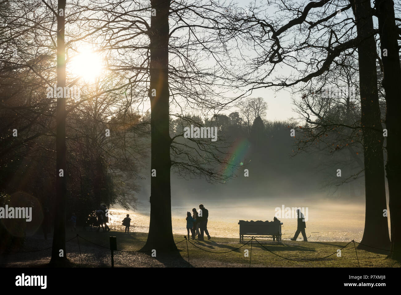 Les gens faire une promenade dans le soleil d'hiver autour du lac au Claremont propriété du National Trust Banque D'Images