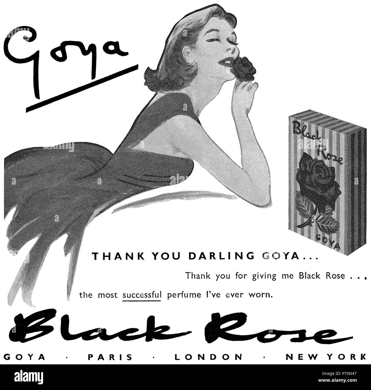 1956 La publicité pour Goya Black Rose parfum. Banque D'Images