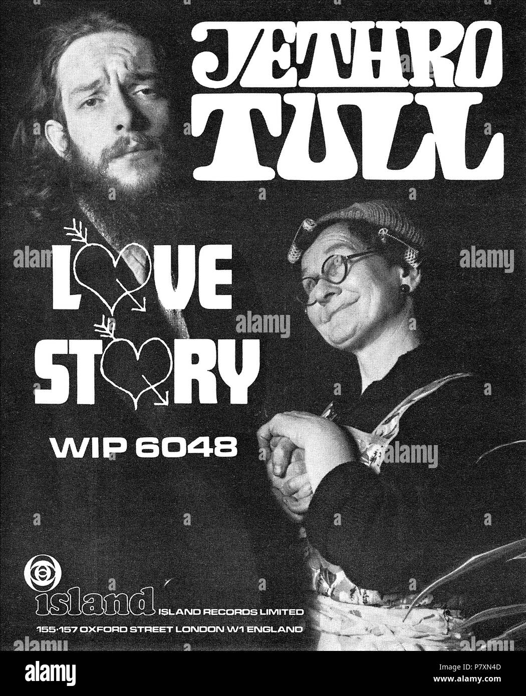 1968 La publicité pour la 7' 45 tr/min seule histoire d'amour de Jethro Tull sur Island Records, montrant Ian Anderson. Banque D'Images