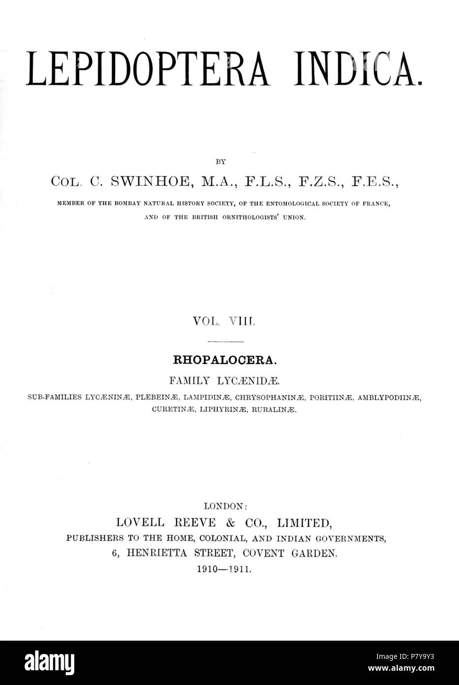 Le dévouement de Lepidoptera Indica Volume 8 . 1911 244 LepIndicaVol8couvrir Banque D'Images
