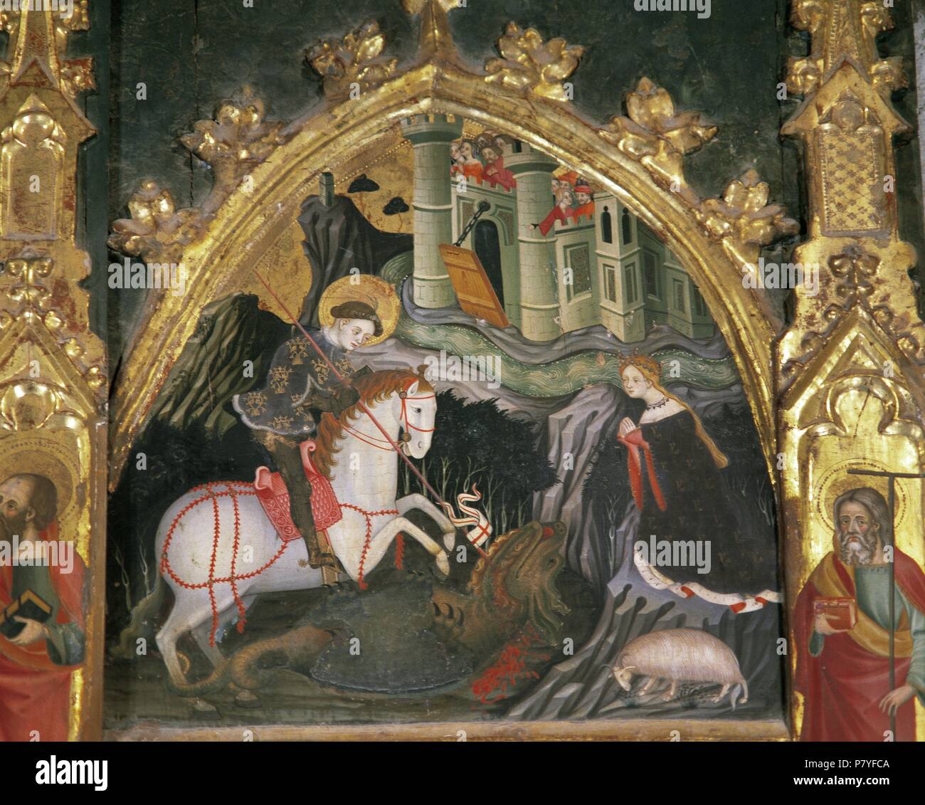 Lluis Borrassa (d. 1424/1426). Peintre catalan. Gothique international. Retable. La Vierge et st. George, C. Barcelone 1390-1400. Détail : Saint George et de la princesse. L'église de couvent de Saint François. Vilafranca del Penedes, Catalogne, Espagne. Banque D'Images