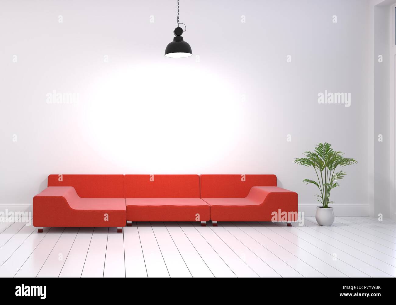 Design intérieur moderne de salle de séjour avec canapé rouge et blanc  brillant pot sur plancher en bois. Tournez sur lampe suspendue au mur.  Concept de vie et d'accueil Photo Stock -