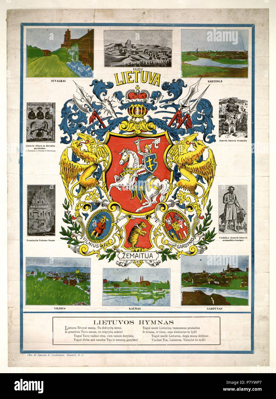 Anglais : une affiche de la première république de Lituanie plus de Coat-of-Arms (), avec l'hymne national lituanien ci-dessous. 1919 LithuanianRepublicGreaterCOA 248 Banque D'Images