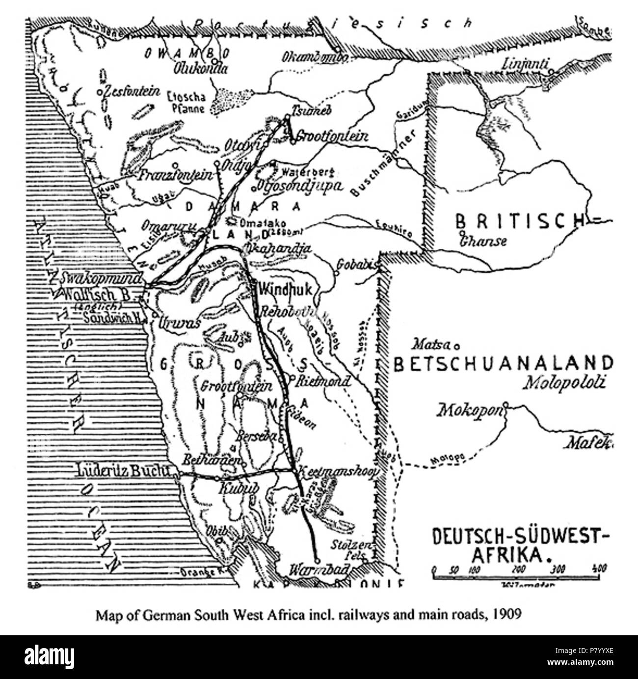 Anglais : carte de l'Afrique du Sud-ouest allemand (aujourd'hui Namibie) vers 1904 . vers 1904 258 1904 Namibie Carte Banque D'Images