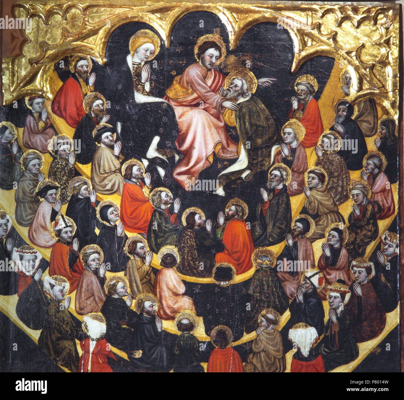 Retablo del Salvador, l'apprêt de l'art. XV. La comunión de los santos. Un Atribuido Jaume Ferrer I. Pintura al temple sobre tabla. Museu Diocesà de Lleida. Banque D'Images