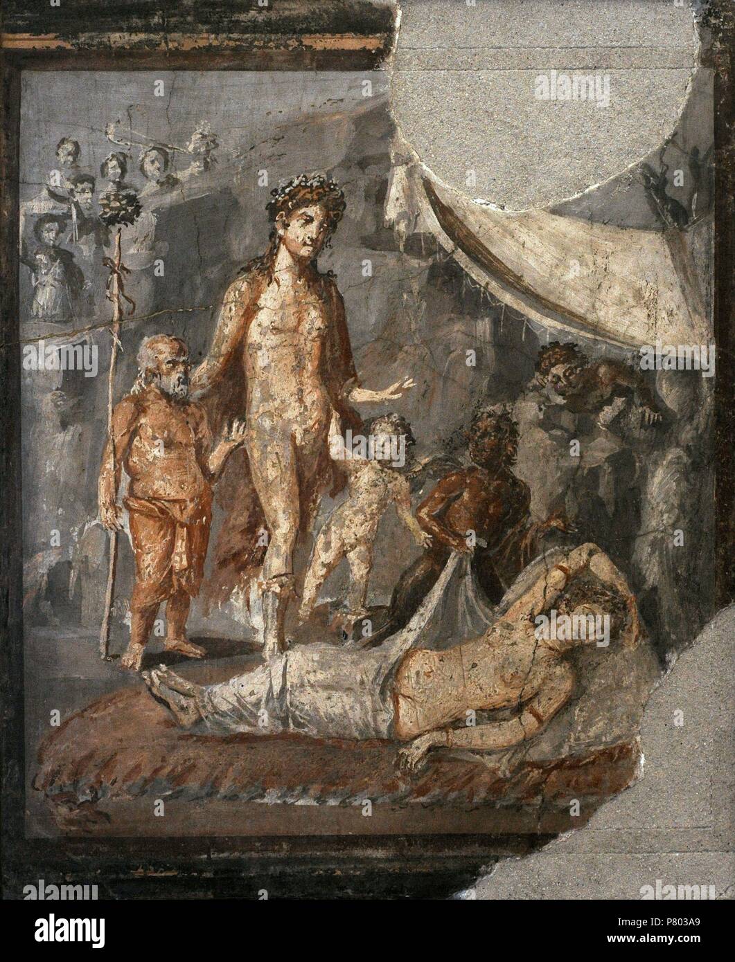 Fresque romaine. Dionysos découvrant la Ariane endormie. Maison de Marco Lucrezio. Pompéi, 1er siècle avant JC. Musée Archéologique National, Naples. L'Italie. Banque D'Images