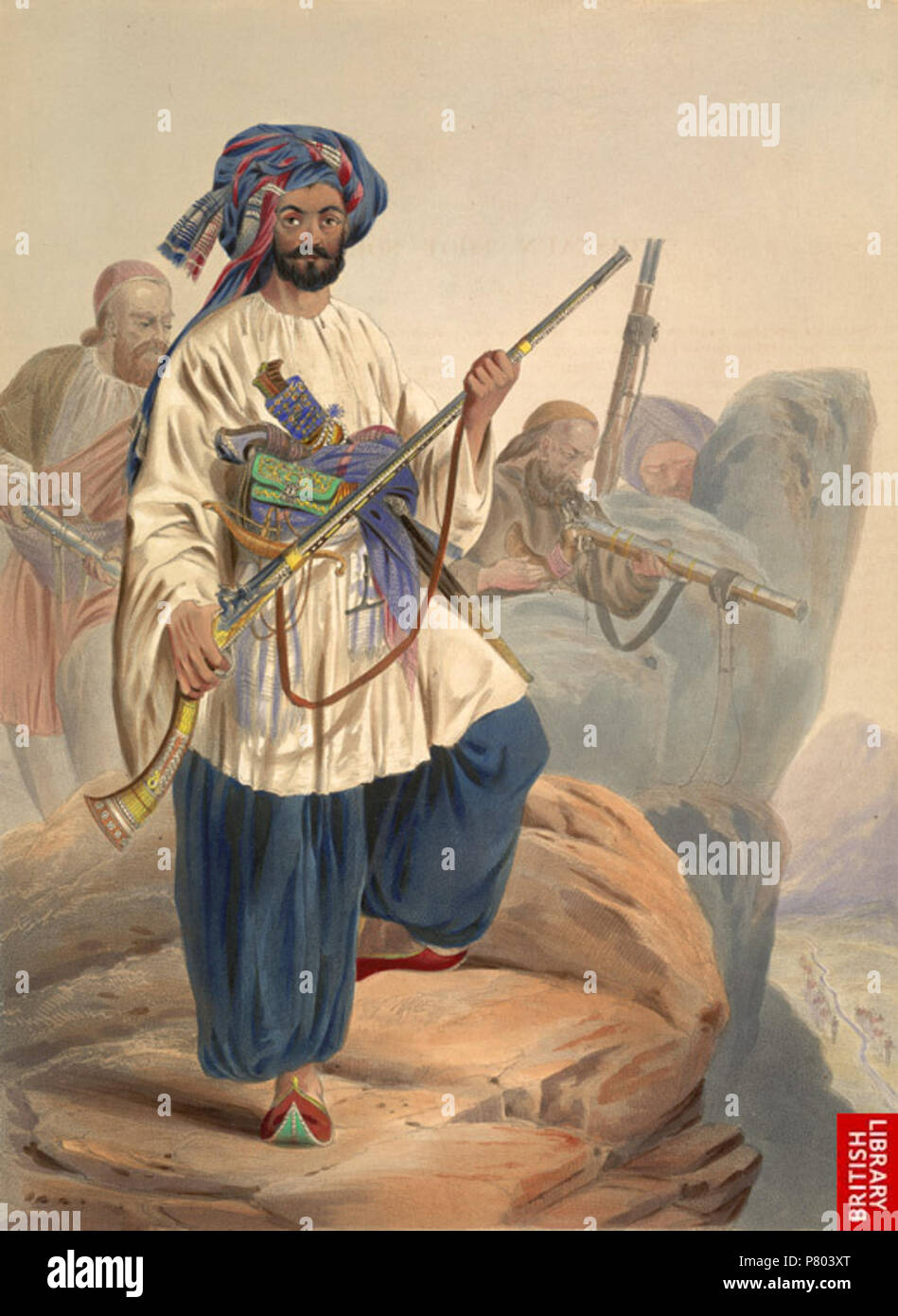 Ko-i-staun soldatesque pied en été costume de cette lithographie est pris à partir de la planche 12 de 'Afghaunistan' par le Lieutenant James Rattray. Cette Kohistani est Mir Alam, autrefois l'un d'une bande de voleurs a noté sur la route de Turkestan, au nord-ouest de Begram. Rattray a écrit : 'Coistaun a toujours été remarquable pour la guerre-comme le caractère de ses habitants qui, à la moyenne à quelque 40 000 familles célèbre pour l'efficacité et l'excellence de leur Pyadas (foot-soldats). Infanterie légère comme ils sont sans précédent, et à partir de leurs numéros et déterminé le courage, sont d'une importance considérable dans le cas d'un revo Banque D'Images