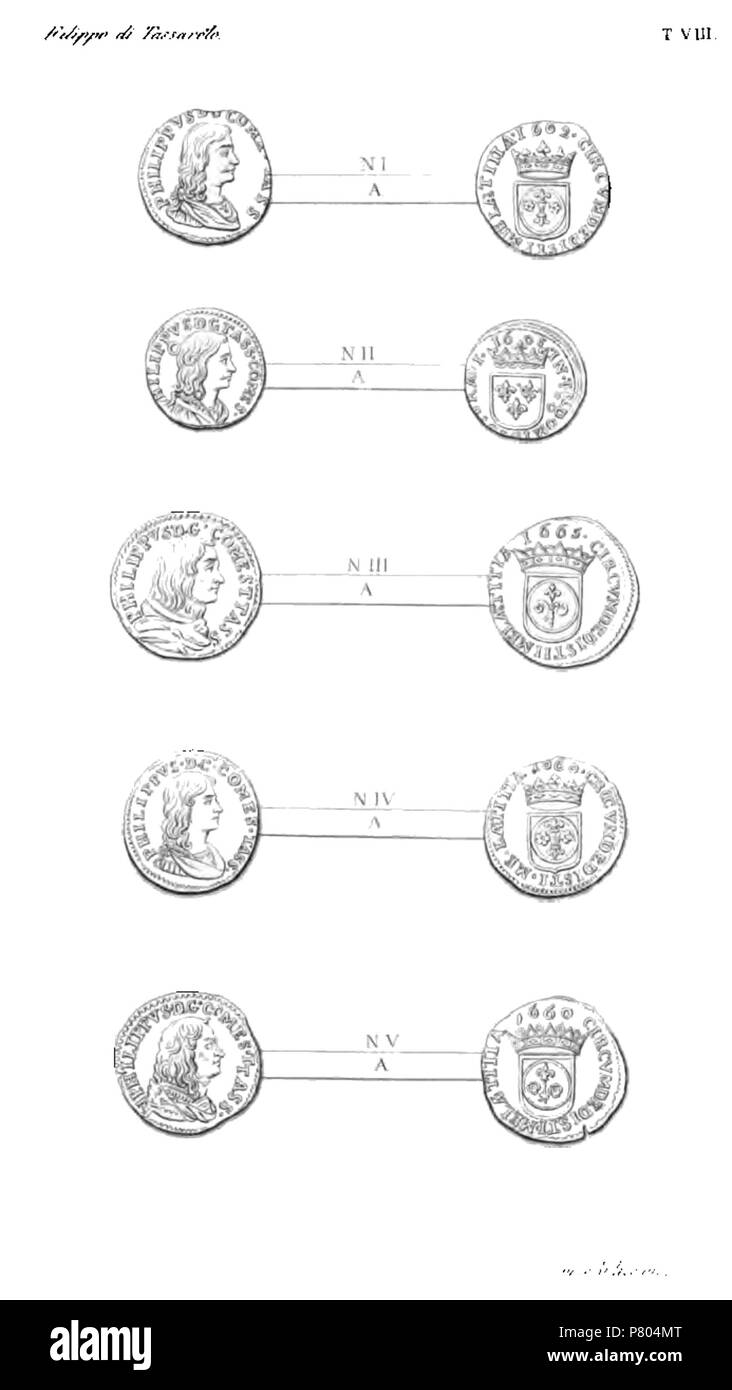 Anglais : tableau VIII de : 'Monete e medaglie degli Spinola' Italiano : Tavola VIII da : 'Monete e medaglie degli Spinola' . 3 mai 2011, 13:18 (UTC) 276 Monete e medaglie degli Spinola tav VIII Banque D'Images