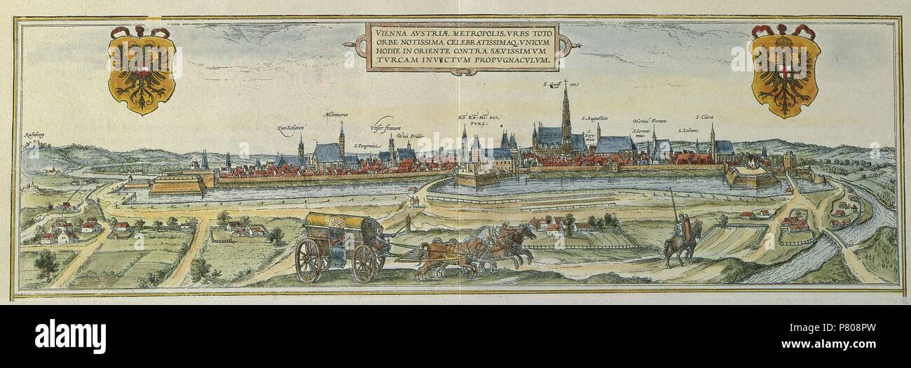L'Autriche. Vienne. Panorama de la ville au 17ème siècle à partir de la banque d'un des canaux de la rivière du Danube. La lithographie. Banque D'Images