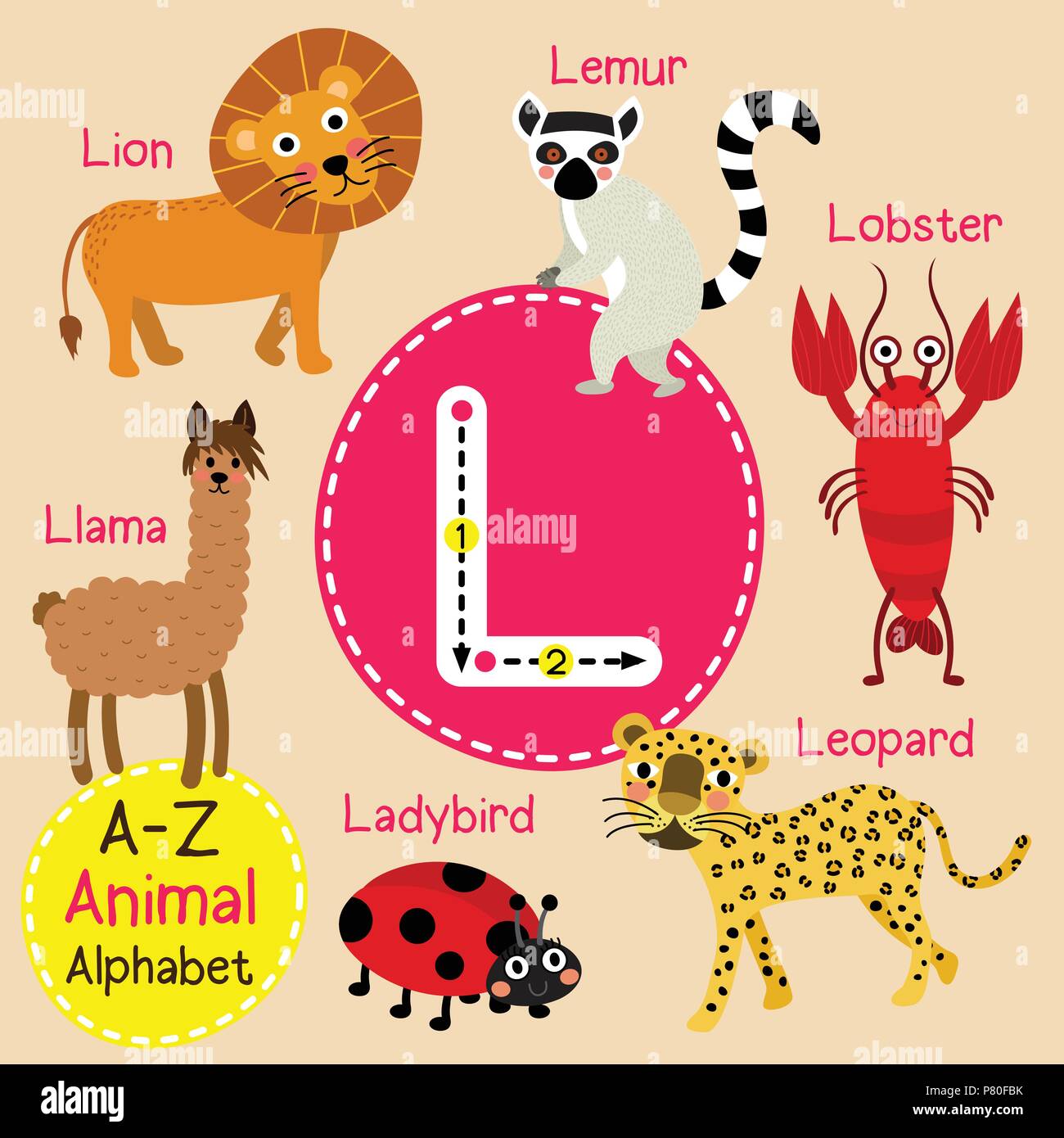 Les enfants L'alphabet zoo Cute lettre traçage des animaux funny cartoon pour les enfants l'apprentissage de l'anglais vocabulary Illustration de Vecteur