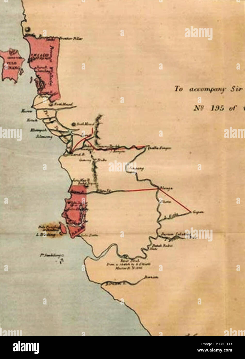 Français : Partie d'une carte montrant la fin du xixe siècle (en rose) l'île de Penang avec ses deux dépendances de la partie continentale de la province Wellesley (directement en face de Penang) et, au sud, l'Dindings, toutes sous contrôle direct de la domination britannique. Acquis de la sultan de Perak en 1874, l'Dindings ont été rétrocédés à l'Etat en 1935. (Infos et photos prises à partir du mois de Penang, avril 2017 de l'article : 'Quand Penang et la Dindings étaient un". Fin du xixe siècle 308 Penang, Province Wellesley, l'Dindings Banque D'Images