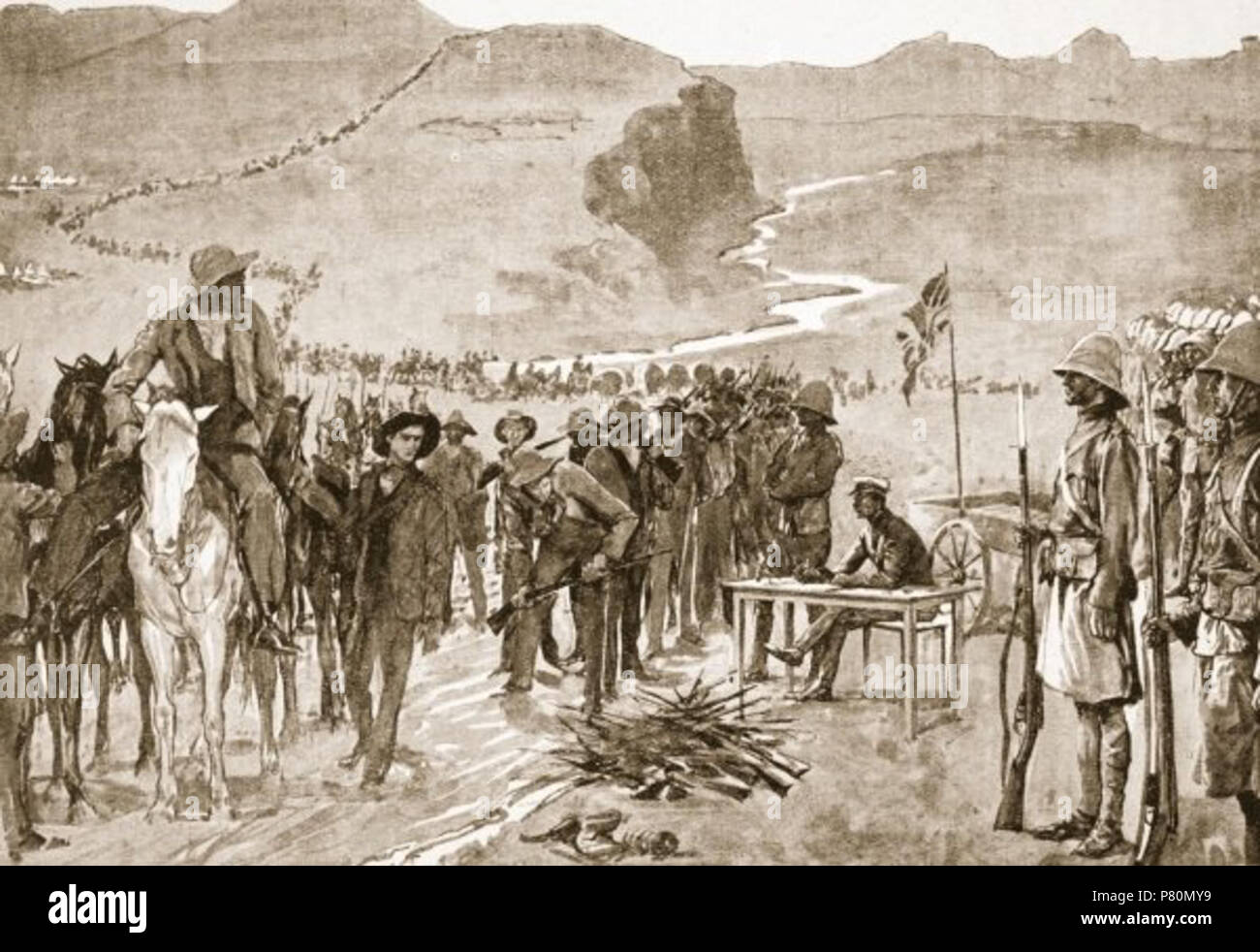 Anglais : Abandon de Prinsloo's forces boers dans Brandwater basin, 1900 Italiano : Resa dei miliziani boeri del generale Prinsloo nel Bacino del Brandwater, 1900 . 1902 330 Resa del Bacino del Brandewater Banque D'Images