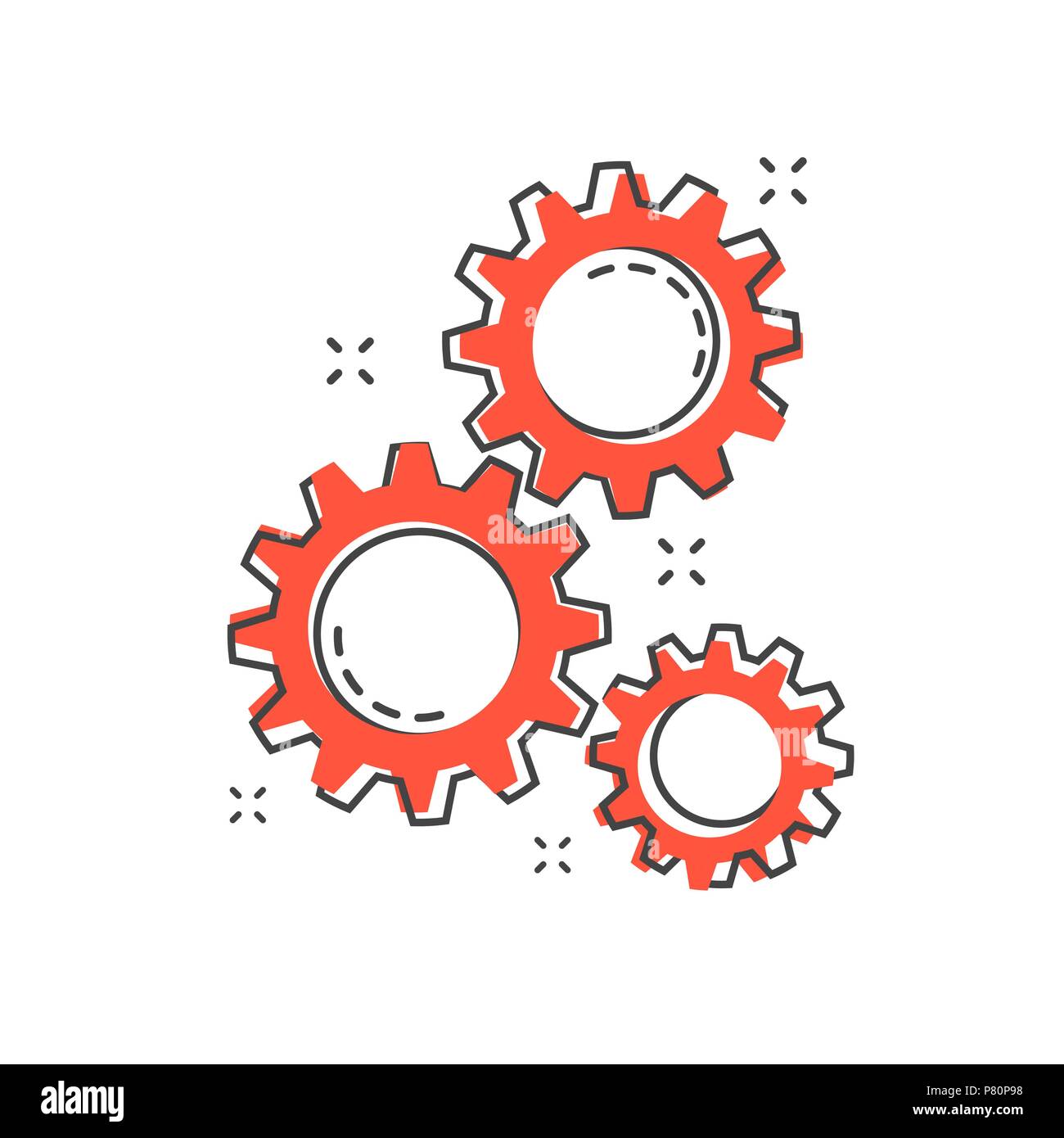 Cartoon icône d'engrenage dans le style comique. Roue d'illustration pictogramme. Roue dentée splash concept d'entreprise. Illustration de Vecteur