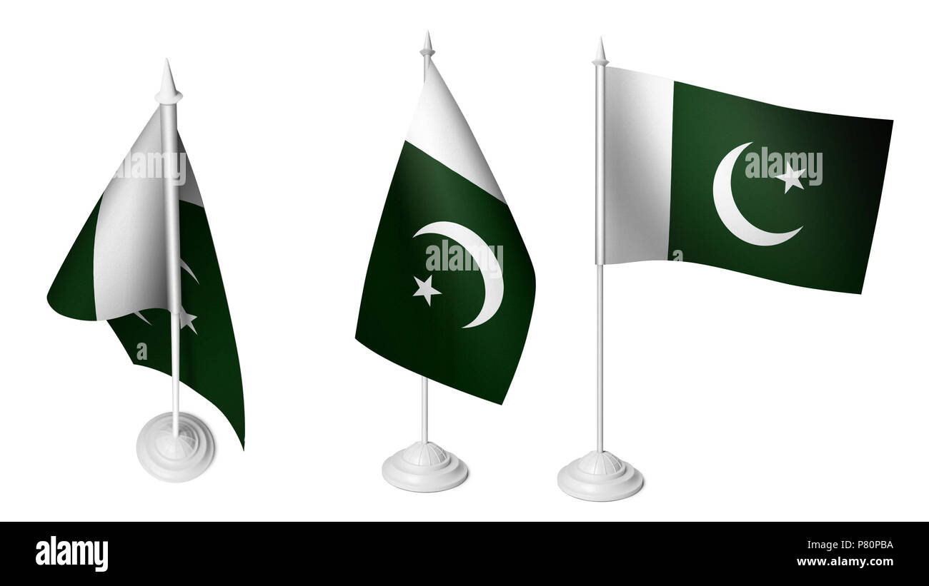 3 petits isolés de brandir le drapeau pakistanais réaliste 3d tissu pakistanais Banque D'Images
