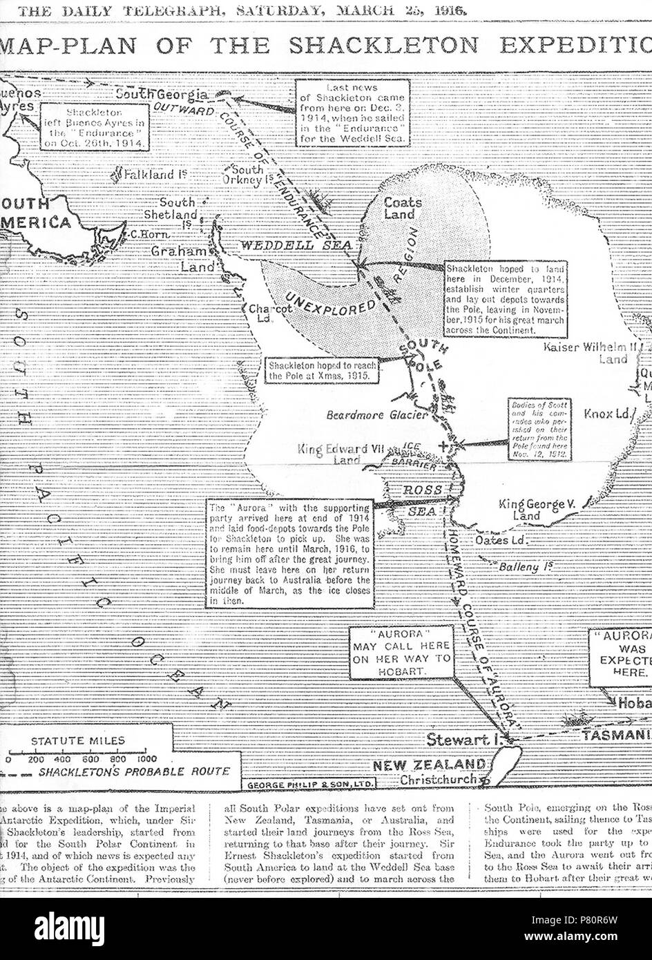 'Le ci-dessus est une carte-plan de l'Expédition transantarctique impériale, qui, sous la direction de Sir Ernest Shackleton, a commencé à partir de l'Angleterre pour le continent polaire du Sud en août 1914, et de nouvelles qui s'attend à tout moment.' . 25 mars 1916 345 Expédition Shackleton plan-plan Banque D'Images