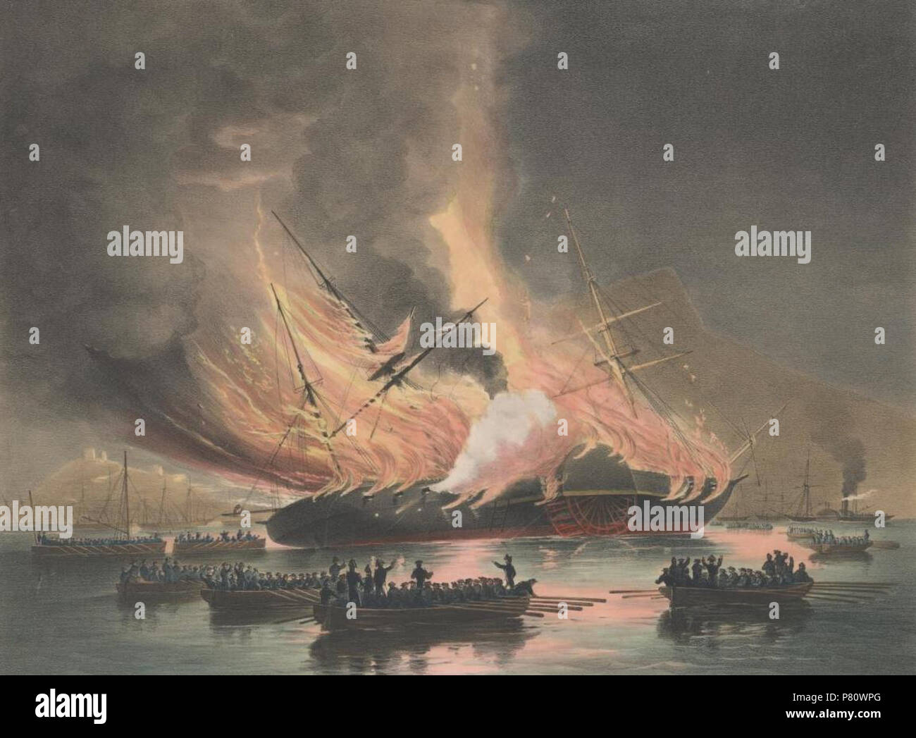 N/A. N/A 369 L'incendie de l'USS Missouri à Gibraltar (rognée) Banque D'Images