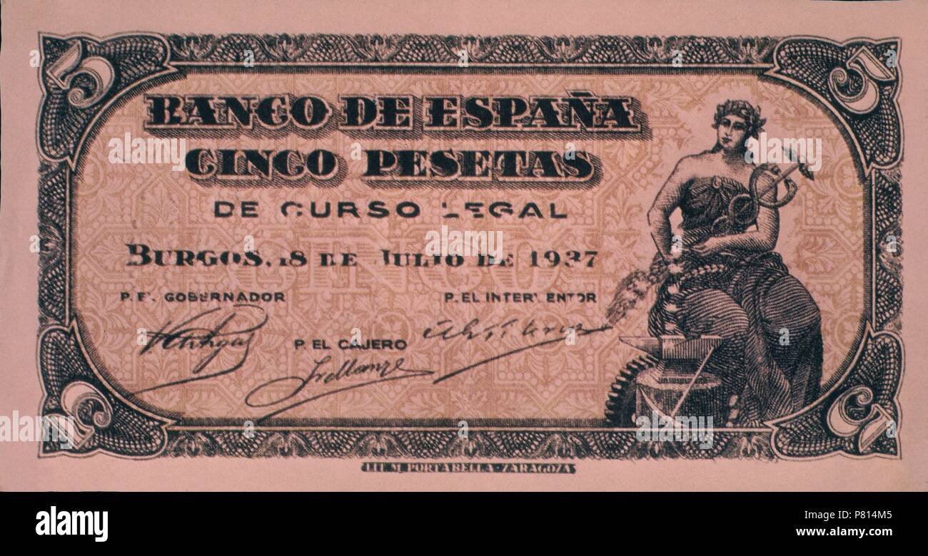 BILLETE DE 5 PESETAS 1937. Emplacement : Banco de España-DOCUMENTOS, MADRID, ESPAGNE. Banque D'Images