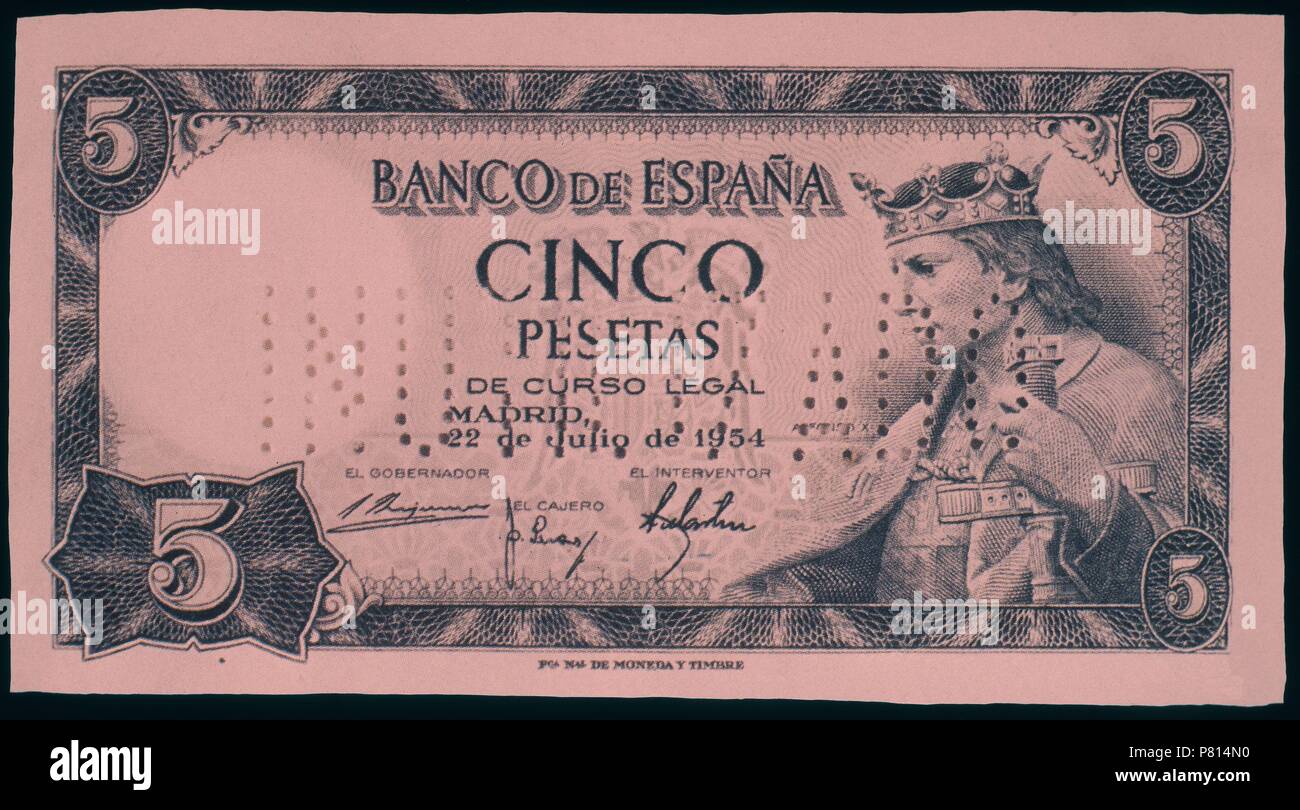 BILLETE DE 5 PESETAS 1954. Emplacement : Banco de España-DOCUMENTOS, MADRID, ESPAGNE. Banque D'Images