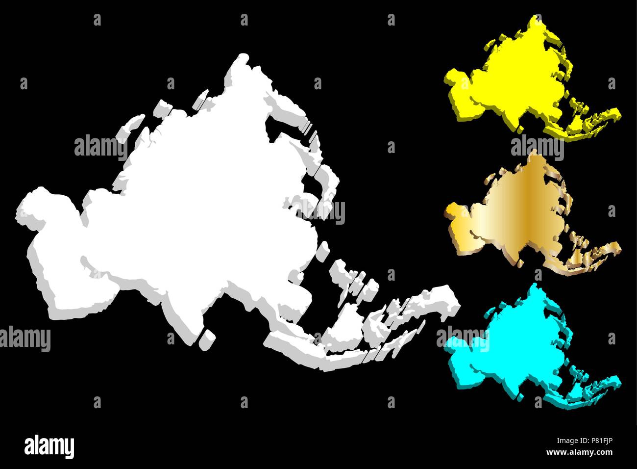 3D de la carte de l'Asie continent - blanc, or, bleu et jaune - vector illustration Illustration de Vecteur