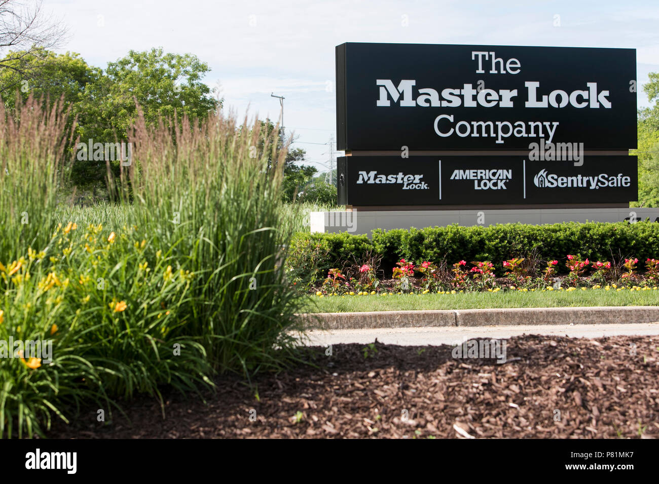 Un logo affiche à l'extérieur du siège social de Master Lock à Oak Creek, Wisconsin le 23 juin 2018. Banque D'Images