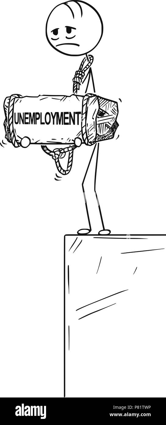 Caricature d'Homme debout sur la pierre de chant avec texte chômage lié à son cou Illustration de Vecteur