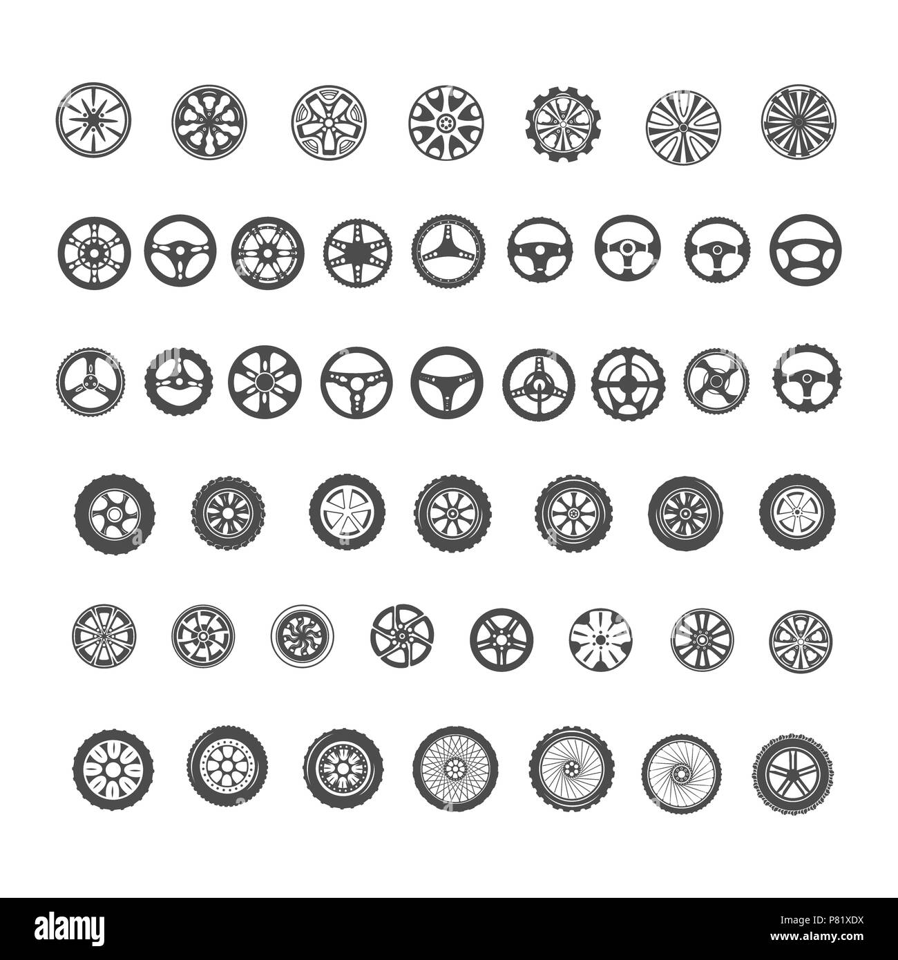 Des pièces de voiture Icons Set sur blanc : engrenages, gouvernails, roues Banque D'Images