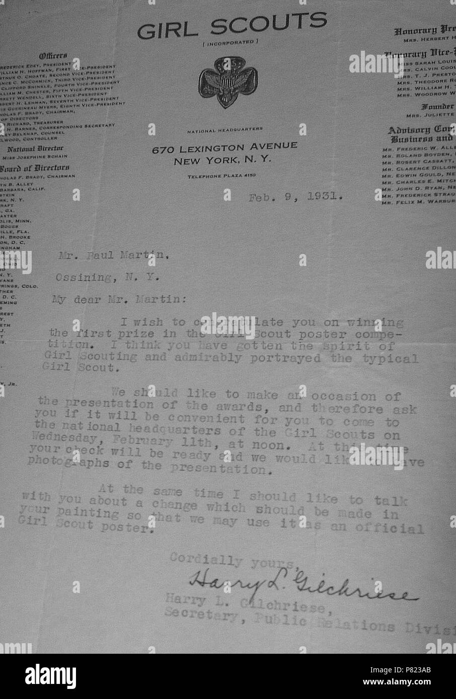 Anglais : Félicitations sont envoyés à Martin, pour avoir gagné le concours d'affiches des Éclaireuses. Sa présence est requise lors de la cérémonie de remise des prix (voir la section Autres renseignements). Février 1931 173 Éclaireuses de Concours Banque D'Images