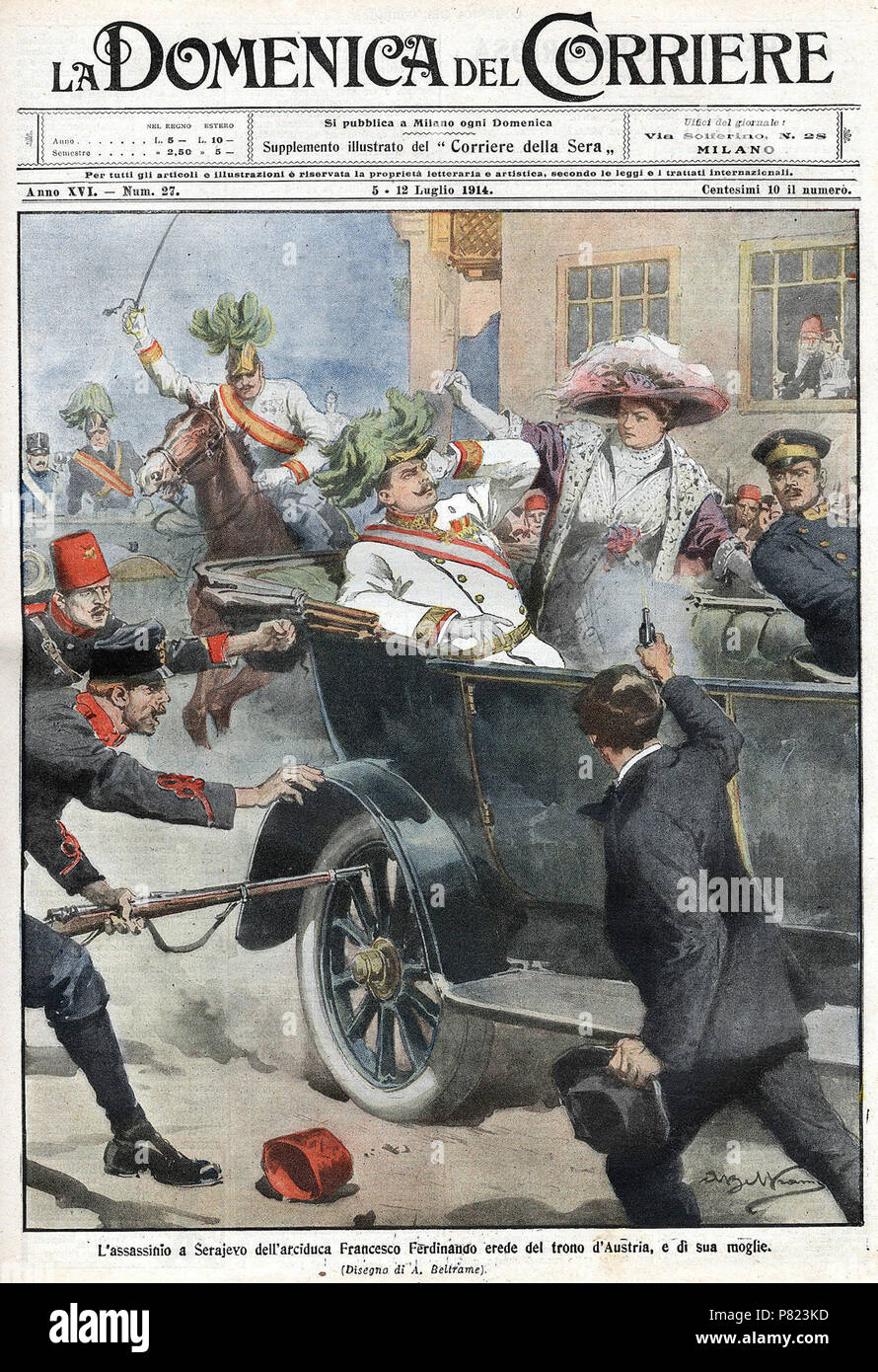 Anglais : La première page de l'édition de La Domenica del Corriere, un papier italien, avec un dessin d'Achille Beltrame représentant Gavrilo Princip tue l'archiduc François Ferdinand d'Autriche à Sarajevo : Fantasiezeichnung Deutsch Italiano : L'assassinio un Sarajevo dell'Arciduca Francesco Ferdinando erede al trono d'Autriche, e di sua moglie. 12 juillet 1914 103 DC-1914-27-d-Sarajevo Banque D'Images