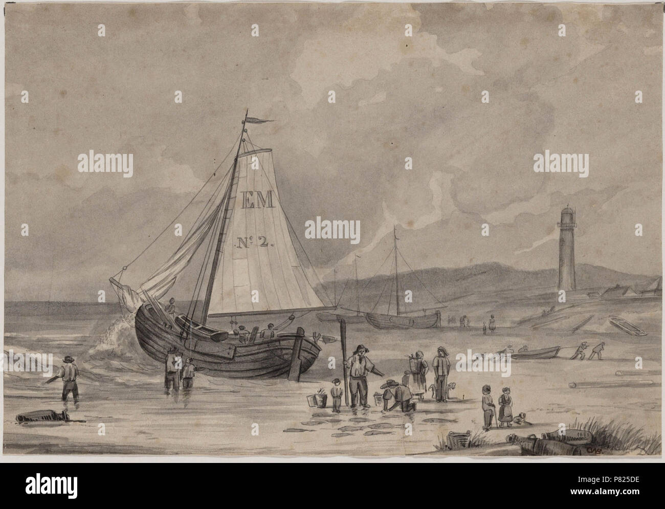 PR 1001134 Catalogusnummer : Plaats : Egmond aan Zee Beschrijving : 'trandgezigt te Egmond aan Zee, 1844', het strand in Egmond a rencontré un vissersschip voorgrond op de rencontré diverses vissers. Op de achtergrond de Jan van Speyktoren. Datering : 1844 : Vervaardiger Bruinvis, C.W. 6 juillet 2016, 09:30 142 Egmond aan Zee (27507604563) Banque D'Images