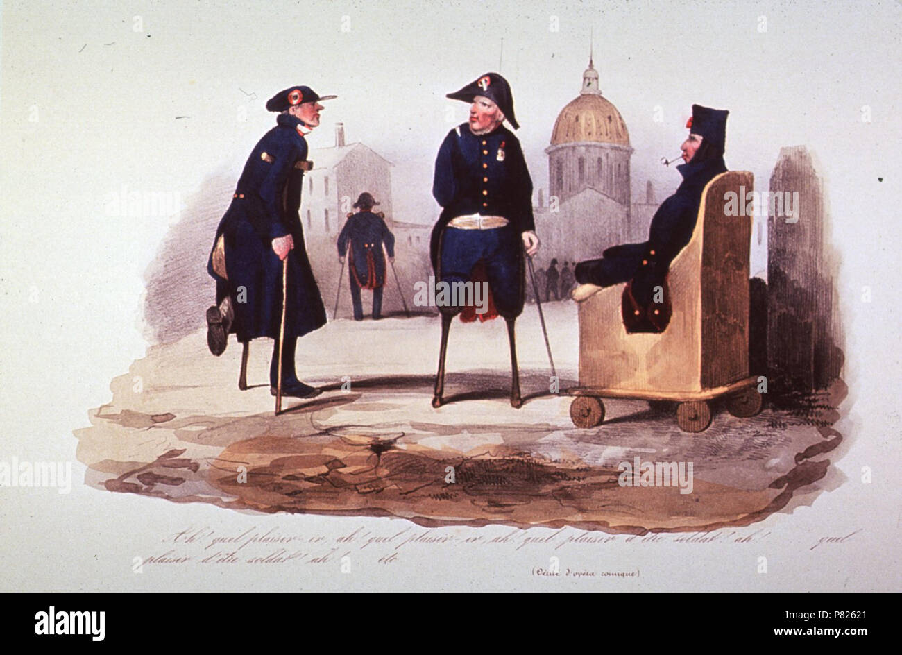 Un sous-titrage en français d'une lithographie caricature de quatre soldats, tous avec des membres artificiels et divers appareils orthopédiques . vers 1800 350 soldats sur les pilons et les cannes et fauteuils roulants en c. 1800 Banque D'Images