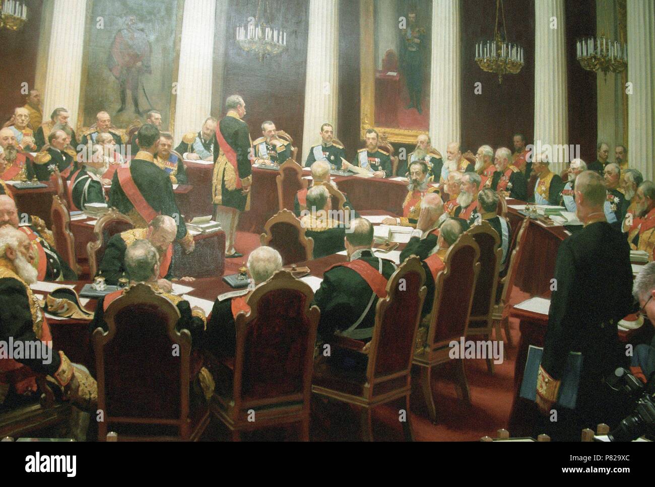 La session de cérémonie du conseil d'état de la Russie impériale le 7 mai 1901. Musée : Musée Russe, Saint-Pétersbourg. Banque D'Images