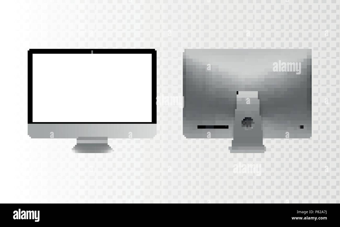 Stock vector illustration set ordinateur de bureau, PC. Moniteur à écran plat moderne. Dos ordinateur isolé sur un affichage réaliste transparen Illustration de Vecteur