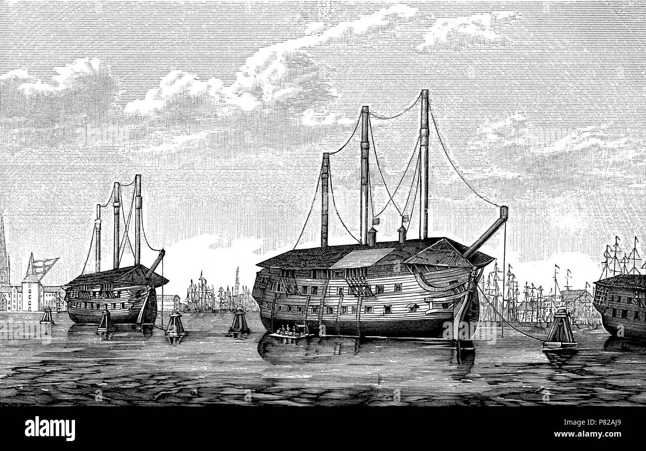 Les navires-pénitentiaire danois 'Dronning Maria' et 'Waldemar' à Copenhague. Musée : collection privée. Banque D'Images