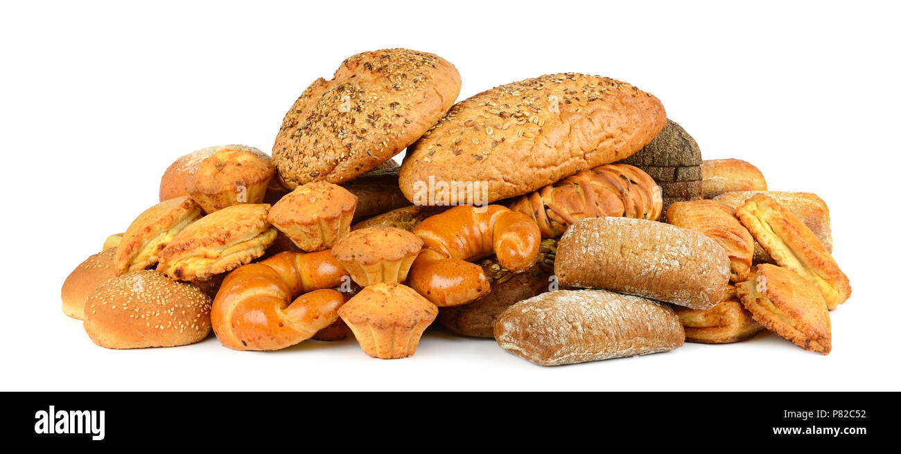 Collection de produits pain pains (baguettes, pain, céréales, gâteaux, pains, croissants) isolé sur un fond blanc. Banque D'Images