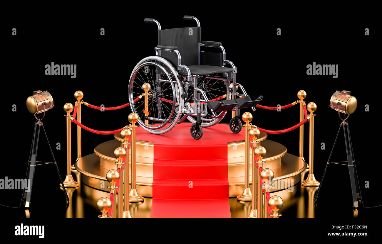 Podium avec fauteuil roulant, rendu 3D isolé sur fond noir Banque D'Images