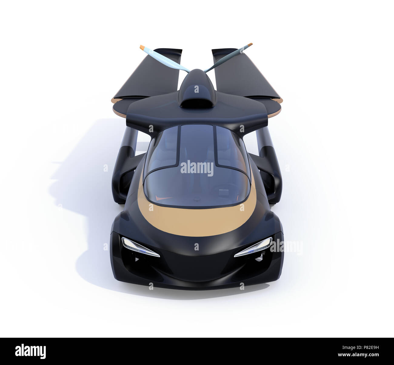 Voiture autonome futuriste isolé sur fond blanc. Les ailes s'est tourné vers l'arrière dans un format compact. Voiture volante concept. Le rendu 3D image. Banque D'Images