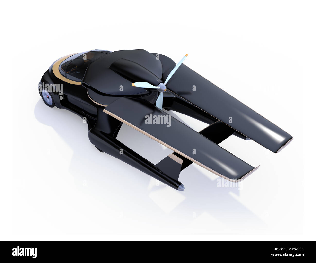Voiture autonome futuriste isolé sur fond blanc. Les ailes s'est tourné vers l'arrière dans un format compact. Voiture volante concept. Le rendu 3D image. Banque D'Images