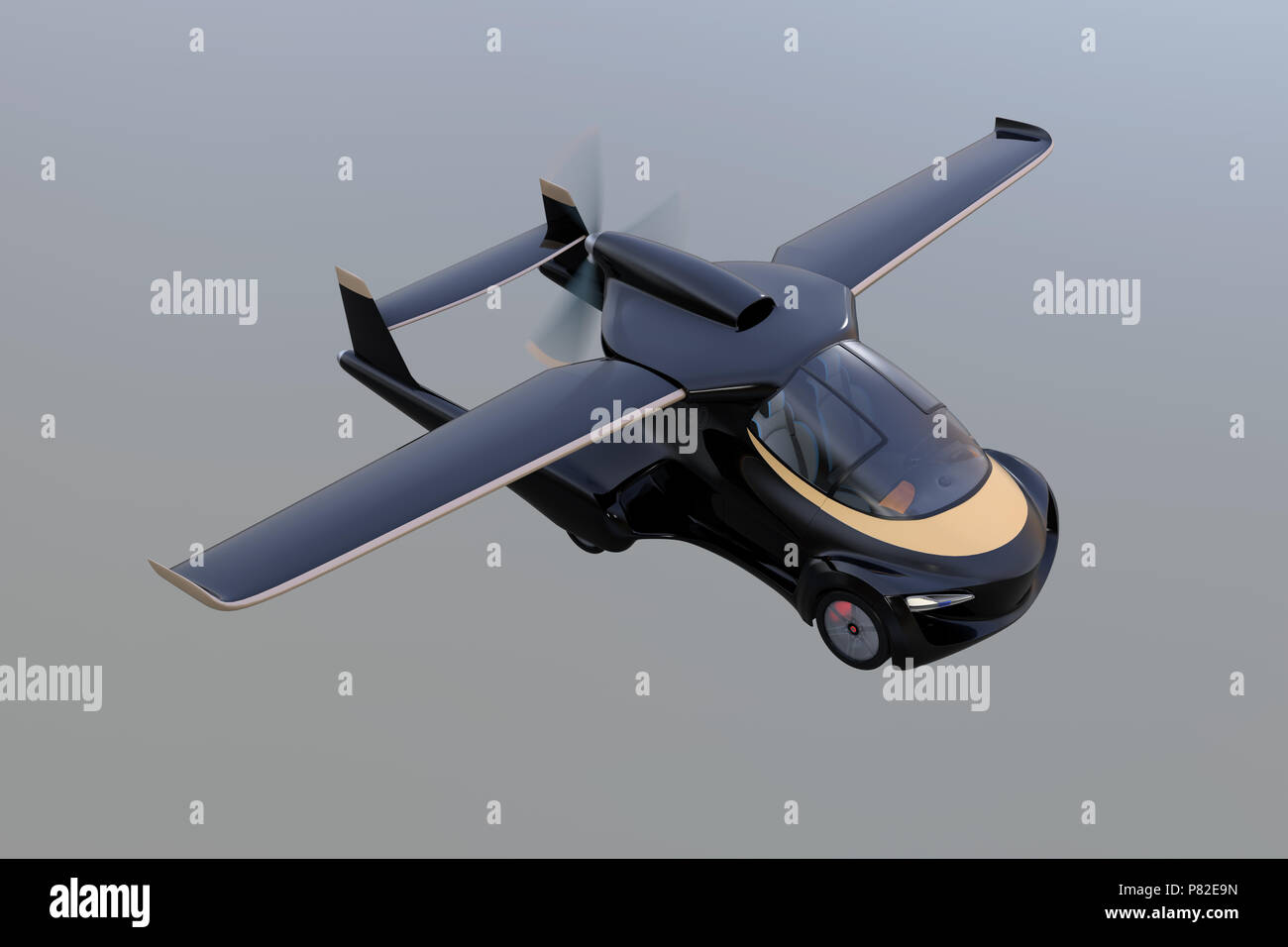Voiture autonome futuriste volant dans le ciel. Conception d'origine. Le rendu 3D image. Banque D'Images