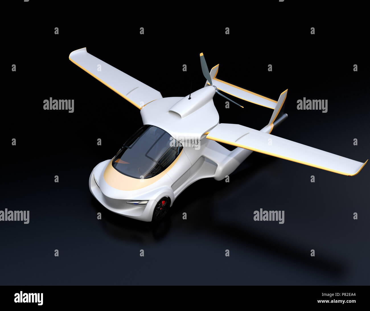 Voiture autonome futuriste sur fond noir. Voiture volante concept. Le rendu 3D image. Banque D'Images
