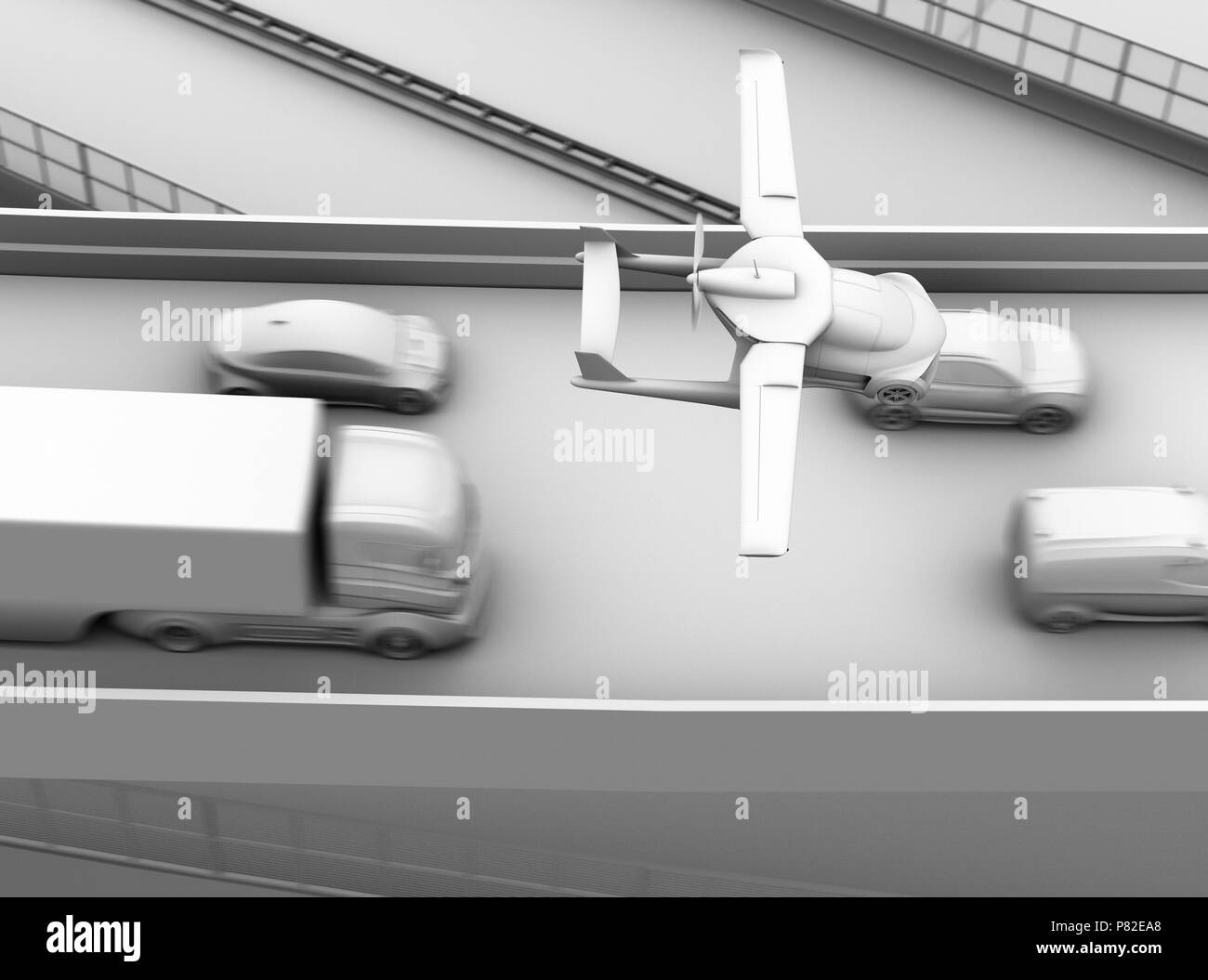 Le rendu de l'ombrage de l'argile de futuristic voiture volante survolant embouteillage dans l'autoroute. Le rendu 3D image. Banque D'Images