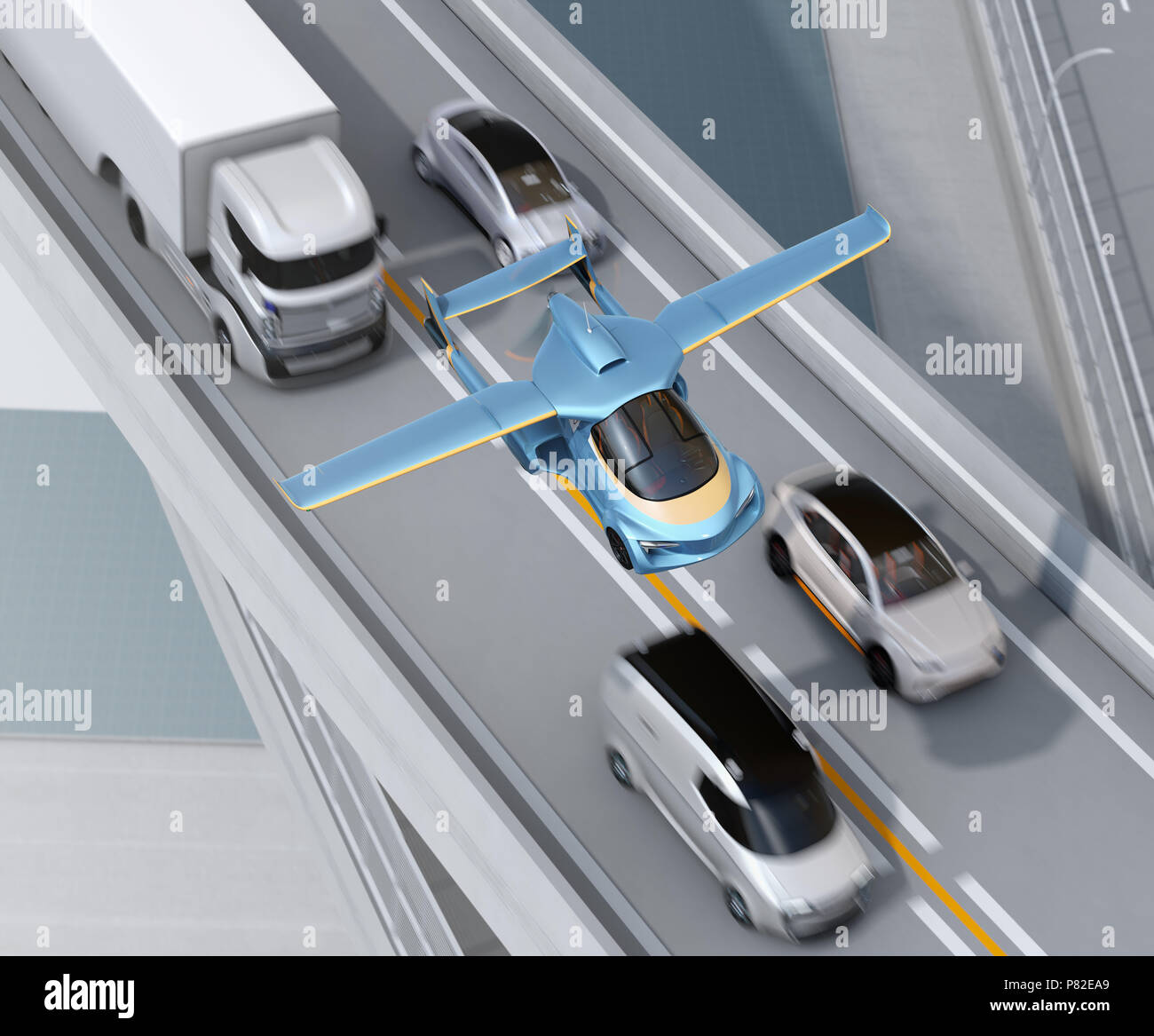 Voiture volante futuriste volant au-dessus de l'autoroute. Transport rapide sans embouteillage concept. Le rendu 3D image. Banque D'Images