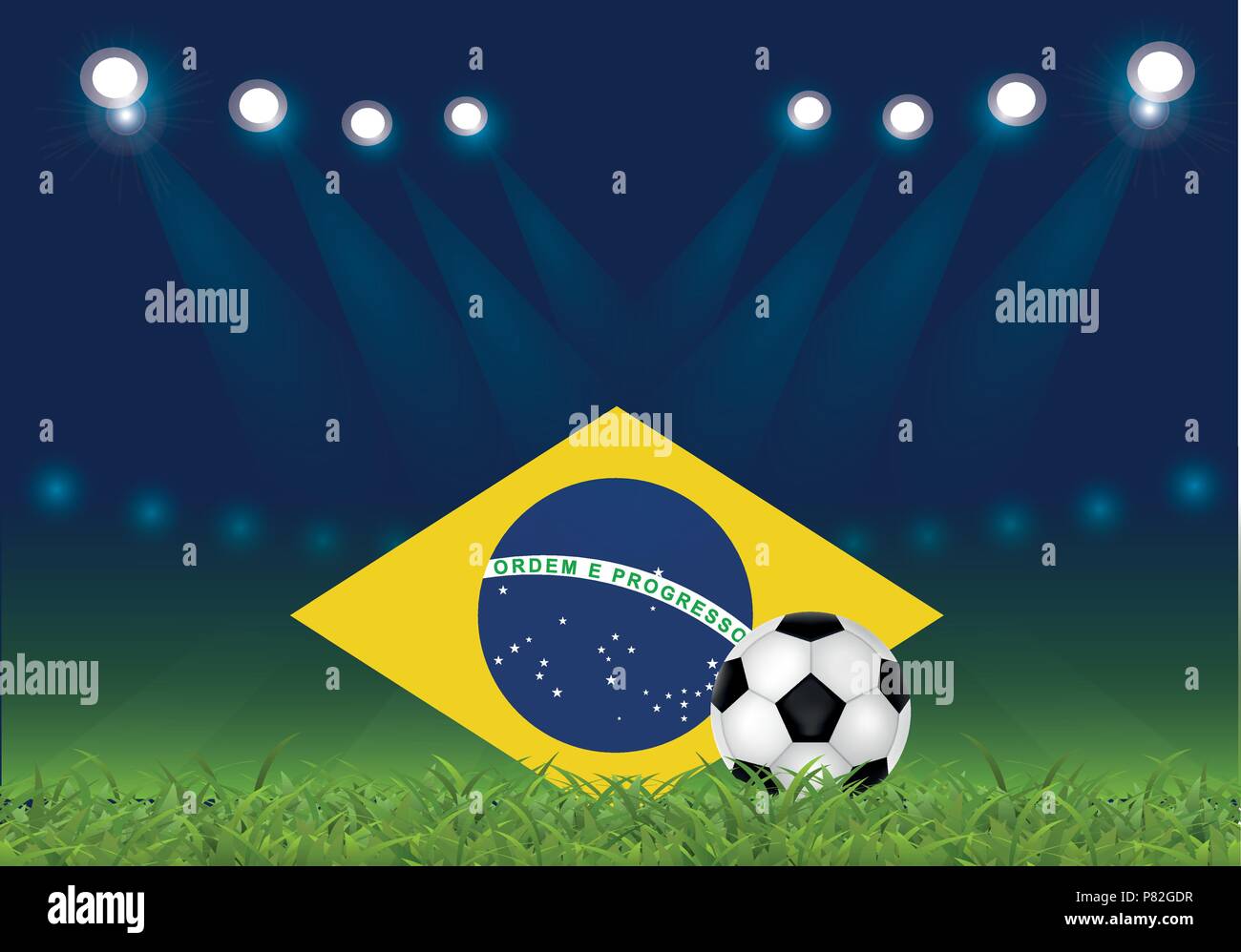 Le football brésilien, illustration vectorielle, ballon et drapeau brésilien au stade de football Illustration de Vecteur