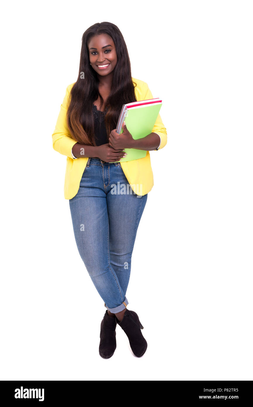 Belle étudiant africain woman isolated over white background Banque D'Images