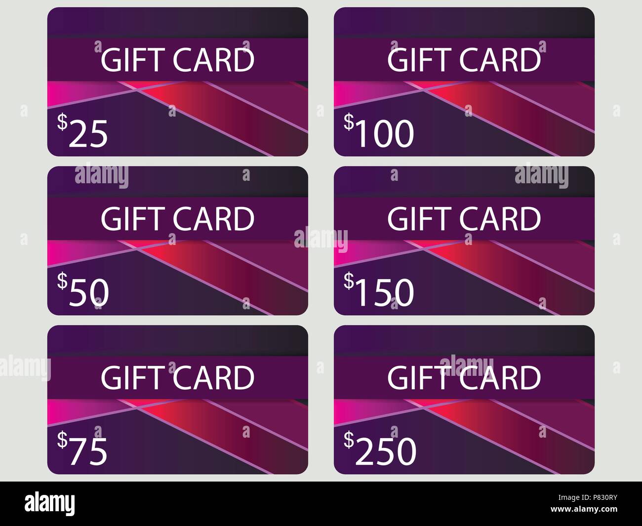 Jeu de carte-cadeau. Style design matériel avec gradient. Couches de couper le papier. Le coût des cartes de 25, 50, 75, 100, 150, 250. Jeu de vector illustration Illustration de Vecteur