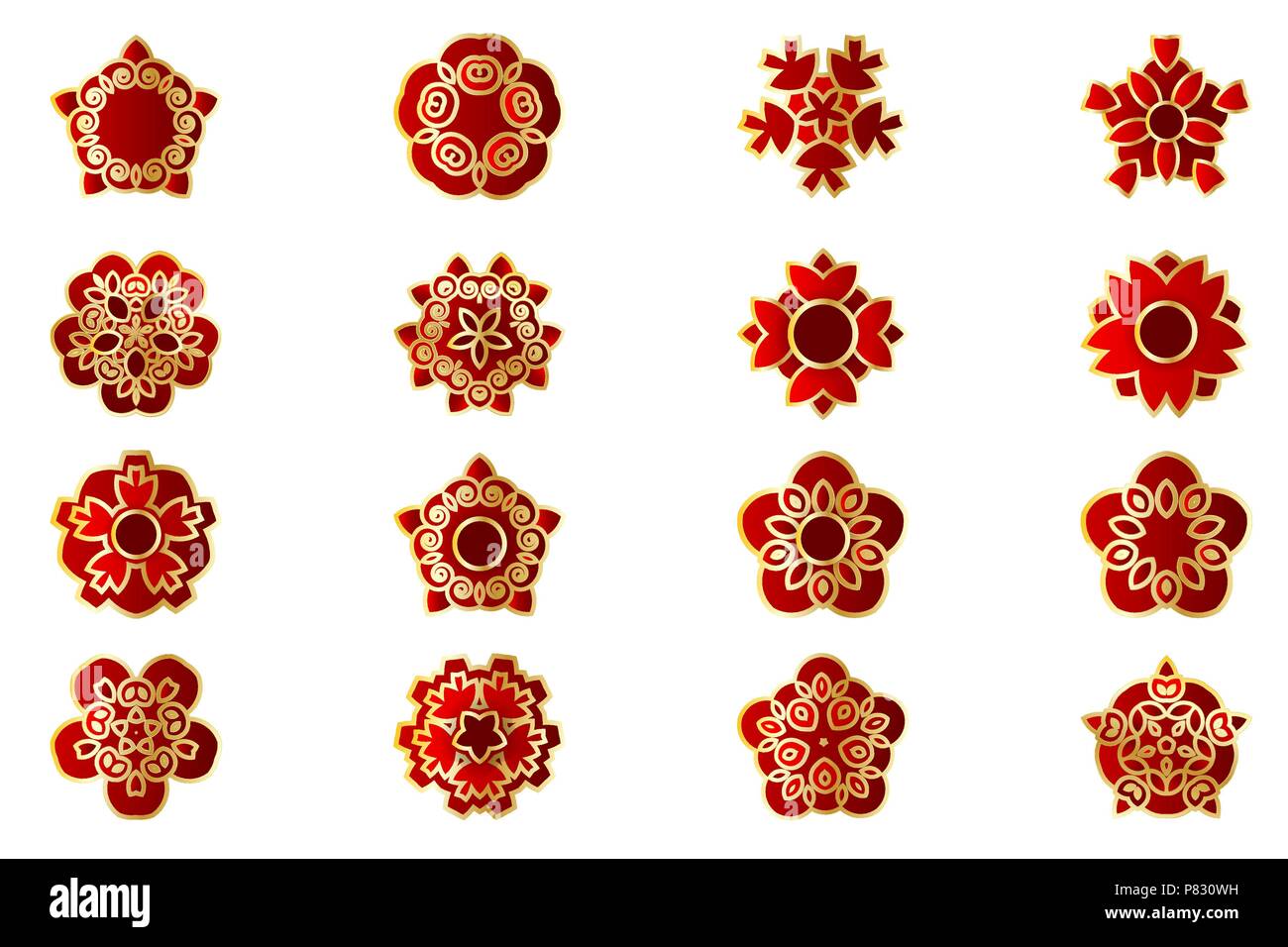 Fleur d'Asie Chine Japon set. Sakura stylisé géométrique rouge bourgeon golden leaf. Coupe papier traditionnel est de l'année. White backg isolés vecteur Illustration de Vecteur
