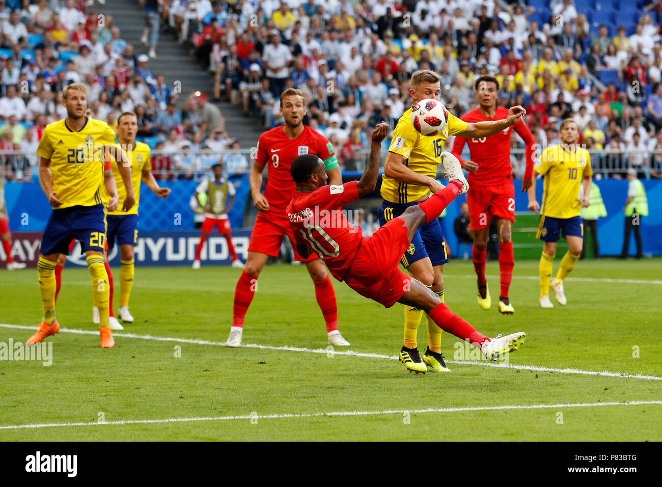 Samara, Russie. 7 juillet, 2018. Raheem Sterling d'Angleterre a un tir au but lors de la Coupe du Monde 2018 match de quart de finale entre la Suède et l'Angleterre à Samara Arena le 7 juillet 2018 à Samara, en Russie. (Photo de Daniel Chesterton/phcimages.com) : PHC Crédit Images/Alamy Live News Banque D'Images