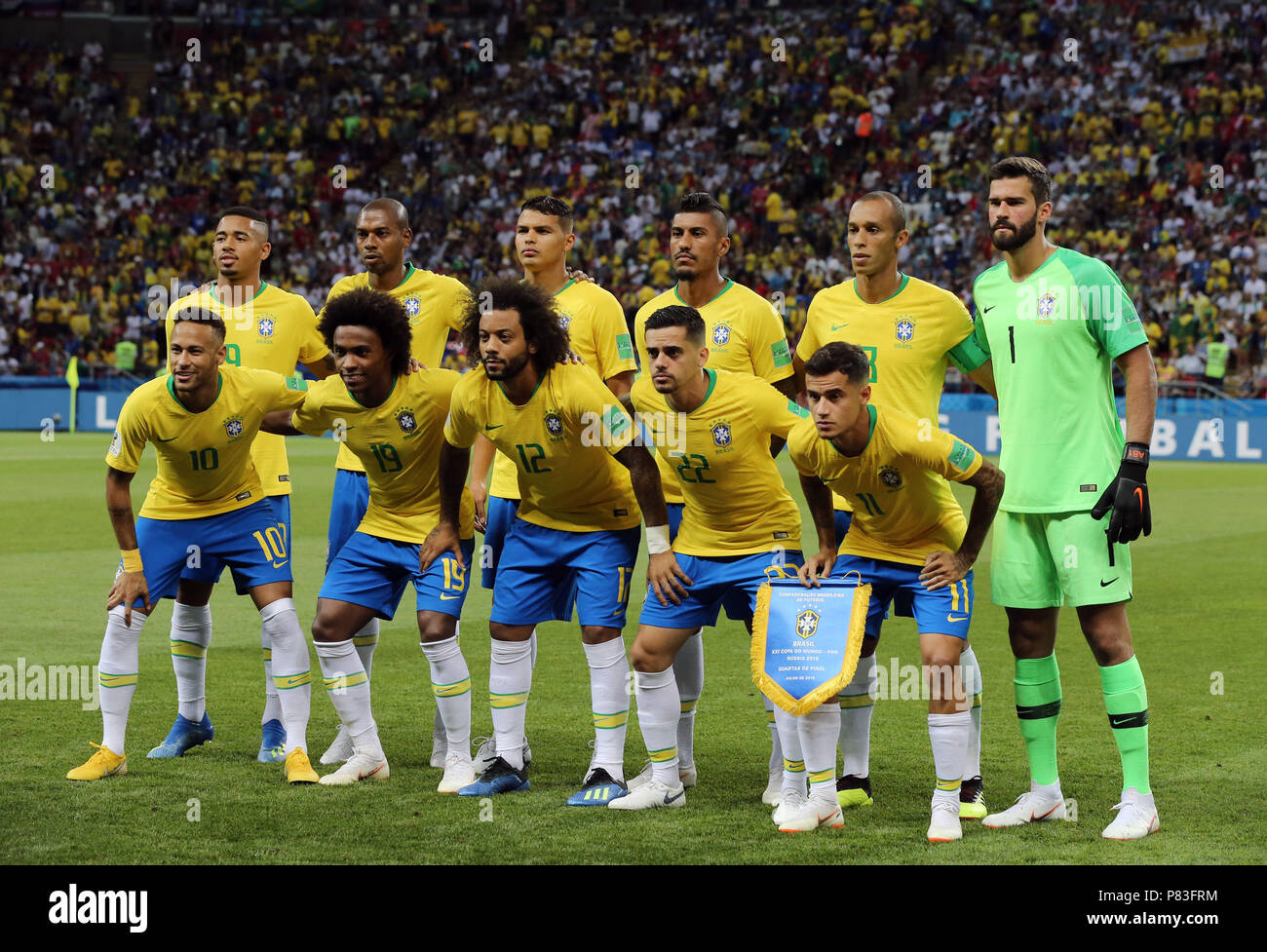 Kazan, Russie. 6 juillet, 2018. Groupe de l'équipe du Brésil (BRA)  Football/soccer : la Russie Coupe du Monde 2018 match quart de finale entre  le Brésil 1-2 Belgique à Kazan Arena de