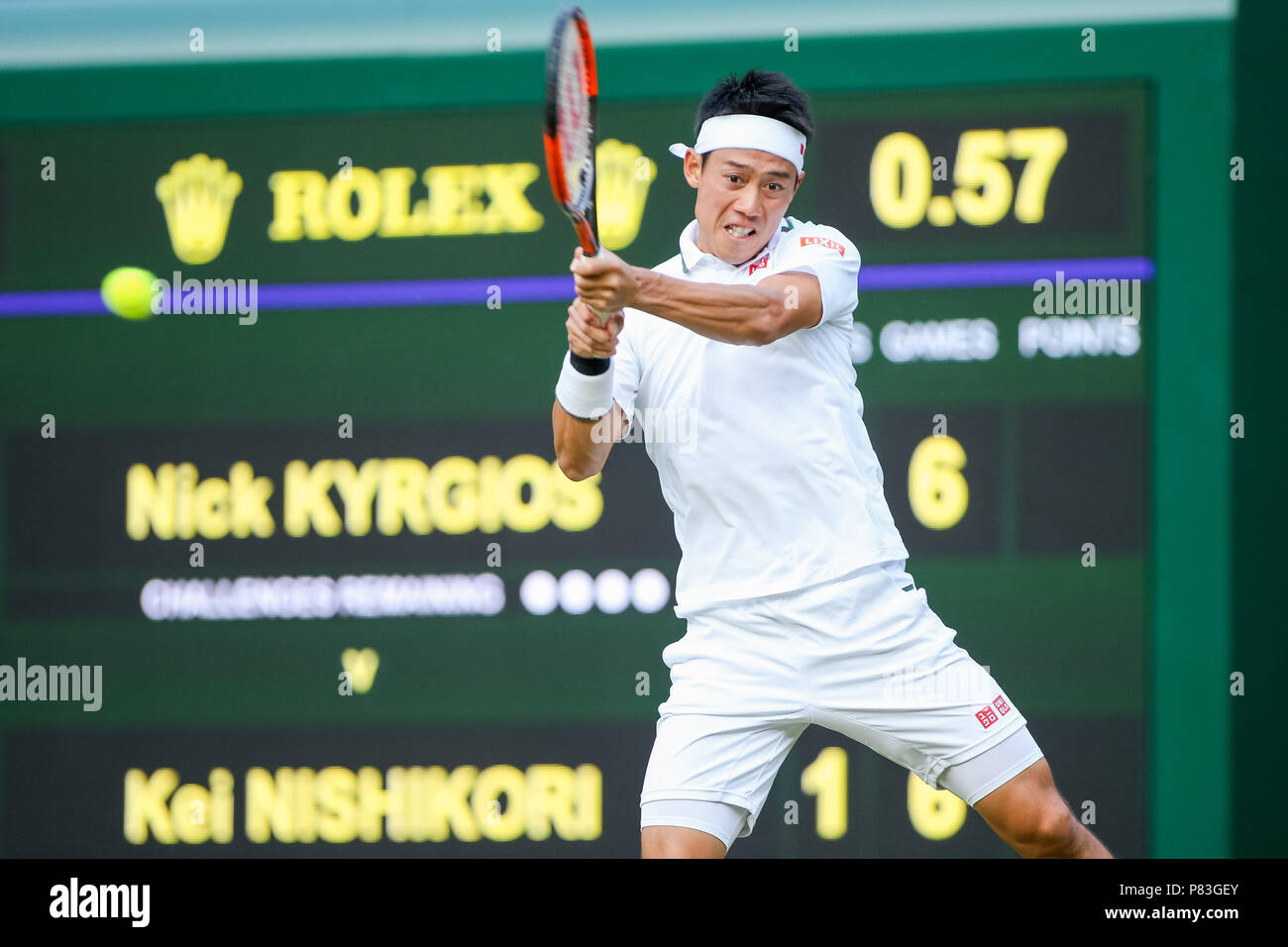 Londres, Royaume-Uni. 7 juillet, 2018. Kei Nishikori (JPN) Tennis : Kei Nishikori japonaise au cours de la troisième tour du tournoi de Wimbledon le match Tennis Championships contre Nick Kyrgios de l'Australie à l'All England Lawn Tennis et croquet Club à Londres, Angleterre . Credit : AFLO/Alamy Live News Banque D'Images